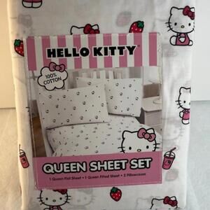 Hello Kitty Queen Sheet Set 4-Piece 100% Cotton Pink White Sanrio NWT Rare